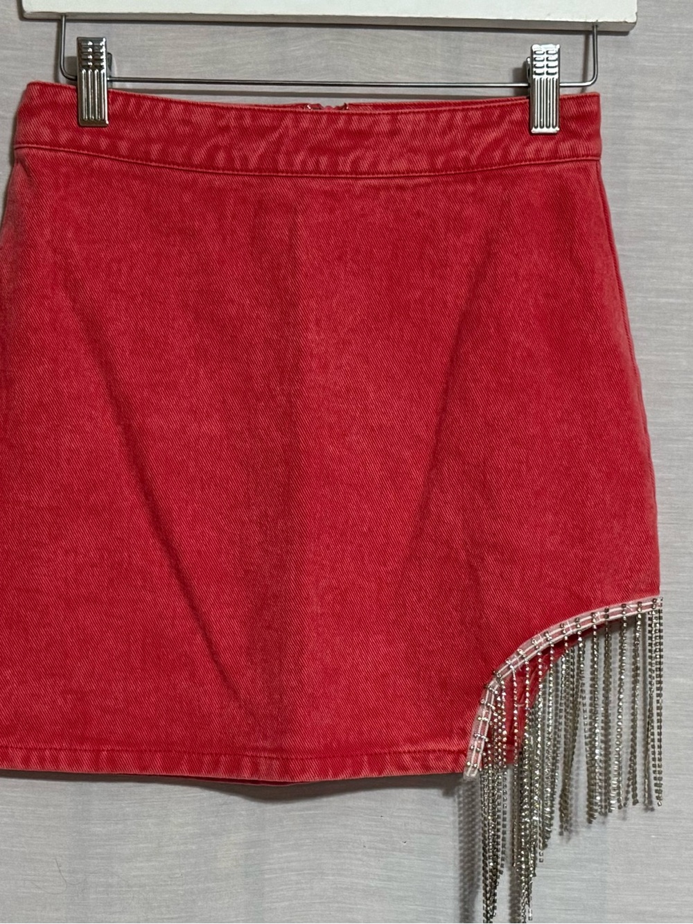 NWOT North End Coral Denim Rhinestone Fringe Mini Skirt Size S